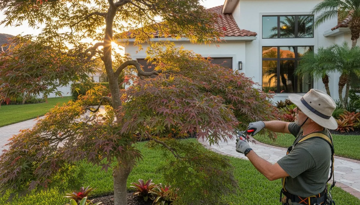 Arborist hand pruning ornamental Japanese maple for curb appeal in Sarasota FL landscape