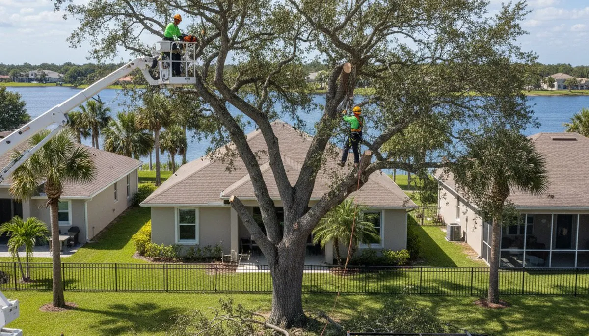 Professional tree removal service in Sarasota FL safely cutting and clearing large oak tree