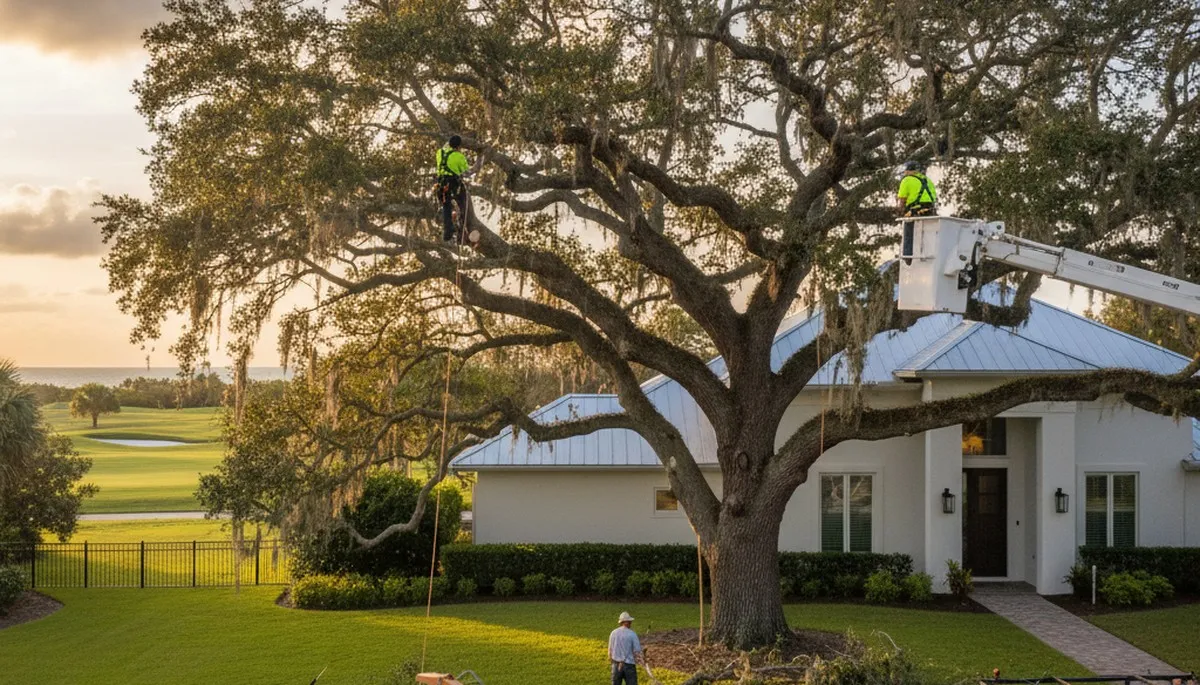 Professional tree removal crew working safely in Sarasota, FL residential neighborhood