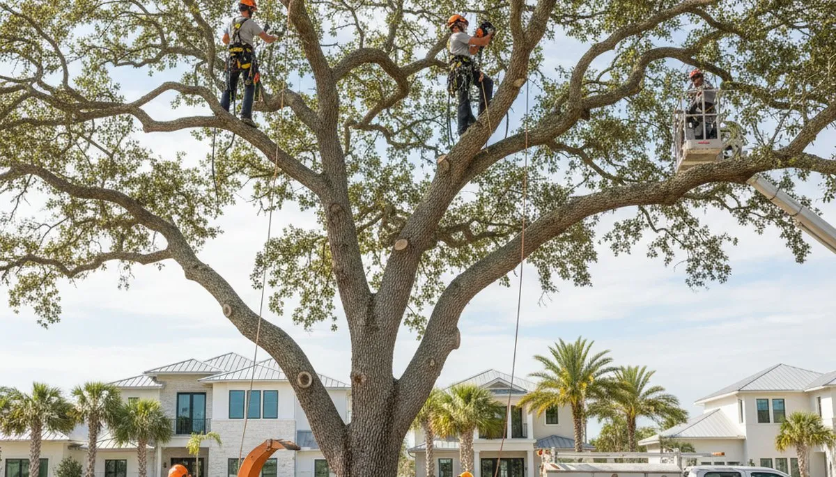 Professional tree removal service in Sarasota FL safely clearing large oak trees
