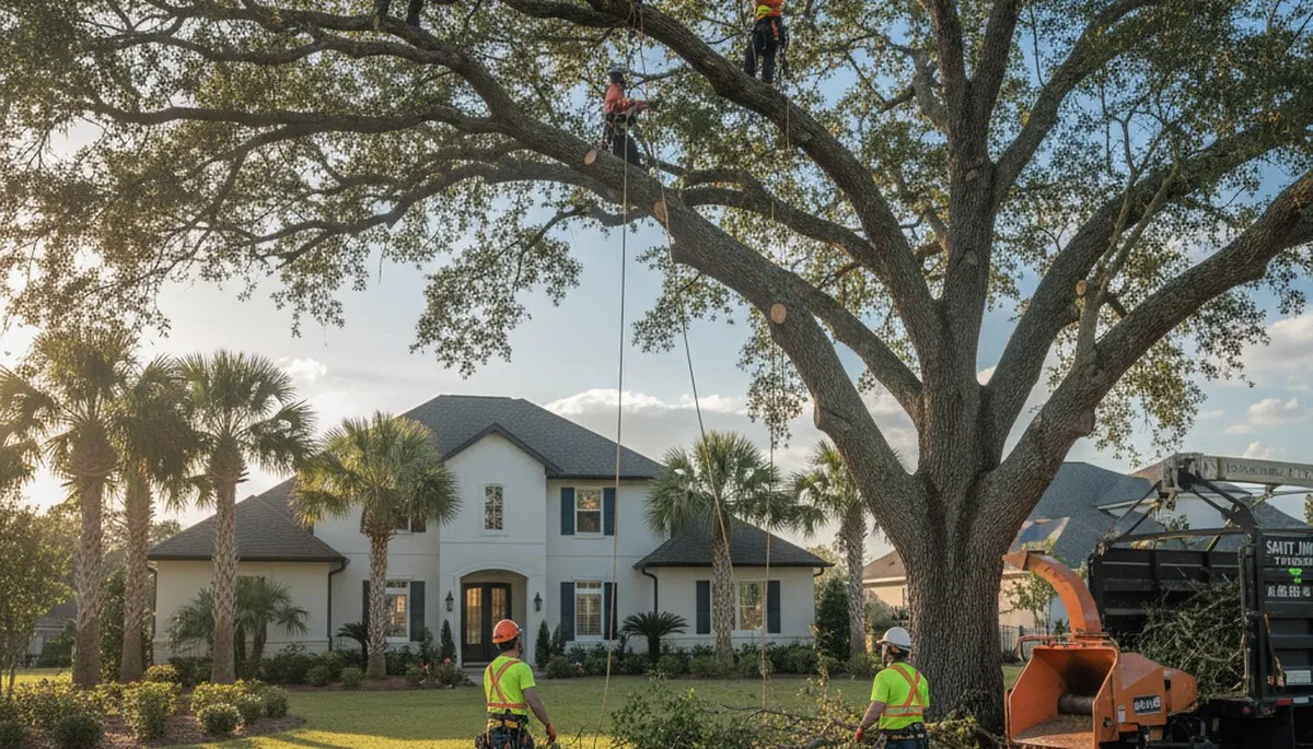 Professional tree removal service in Sarasota FL safely clearing large oak trees